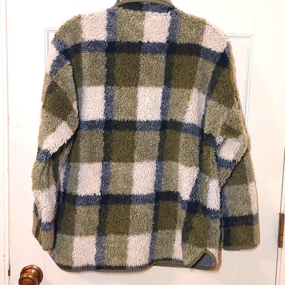 Madewell Olive Plaid Sherpa Popover Tunic Fleece Jacket, Size S - Picture 5 of 10